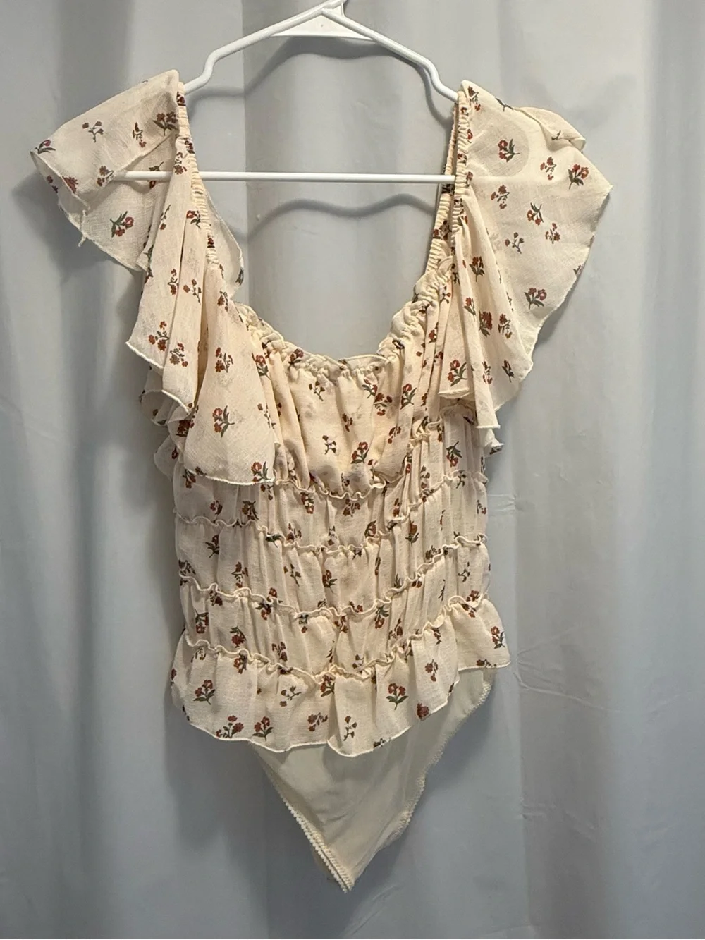 Free People Cream Floral Ruffle Smocked Bodysuit